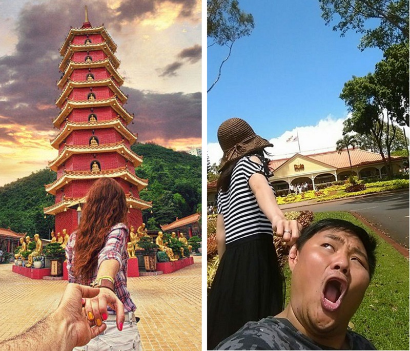 فتاة تجرجر حبيبها من أذنه ليسافرا حول العالم.. محاكاة ساخرة لأشهر الصور الرومانسية